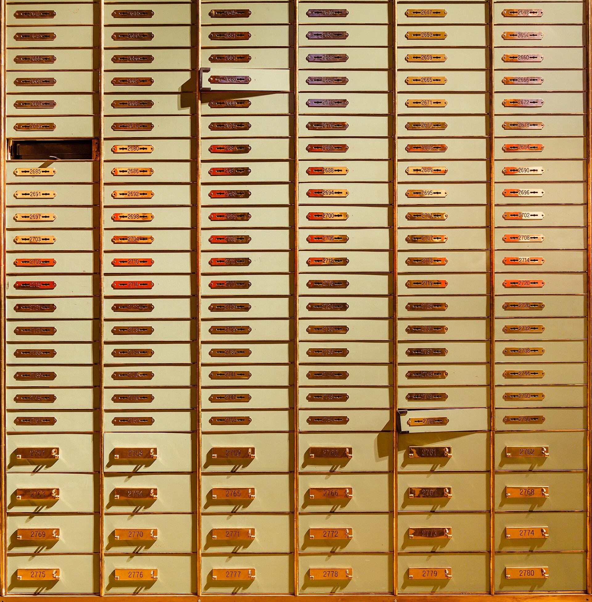 Wall of safe deposit boxes
