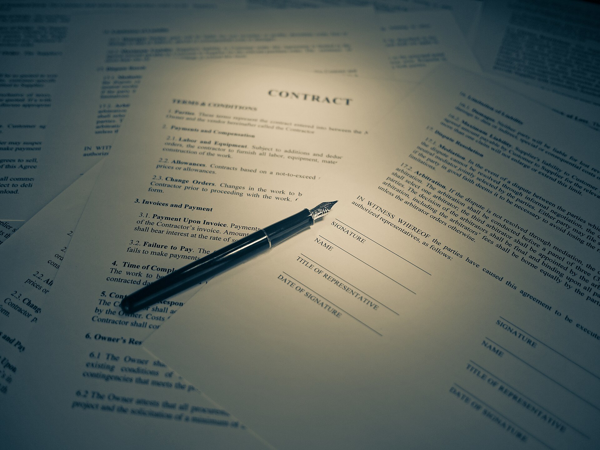 Contract documents with a fountain pen